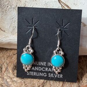 Native American Running Bear Sterling Silver Turquoise Drop Earrings - Blue